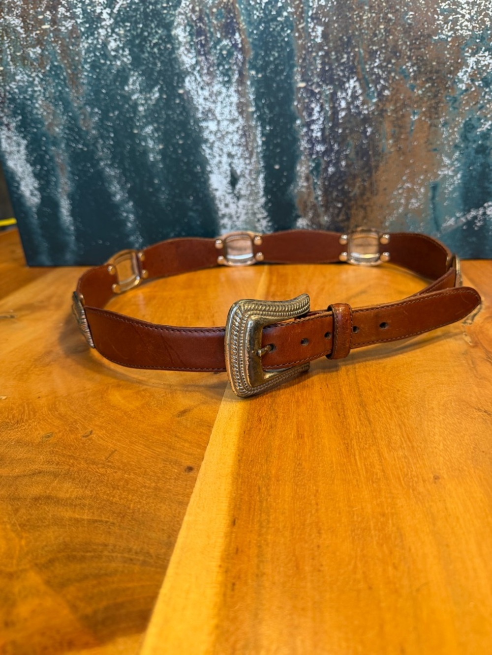 Fossil Southwestern Brown Leather Belt Silver Hardware 2010s (GUC) - Picture 6 of 12